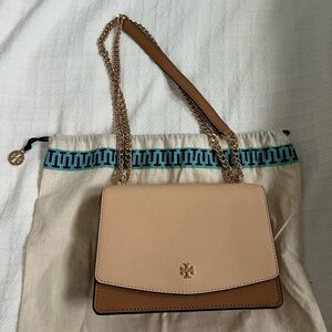 Tory Burch Two-Tone Beige/Tan Leather Chain Shoulder Bag